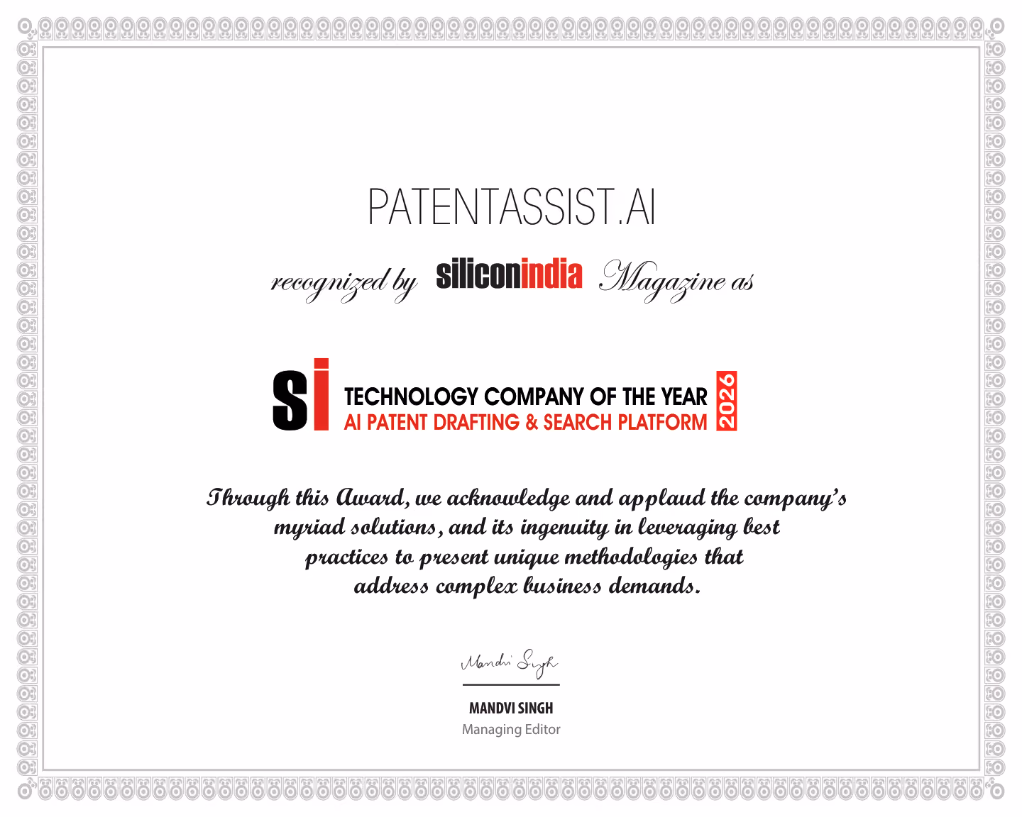 PatentAssist.ai - SiliconIndia Technology Company of the Year 2026 Award for AI Patent Drafting & Search Platform